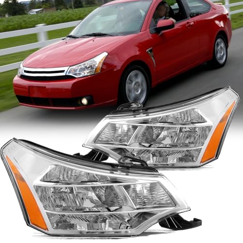 Aosky Headlight Assembly Compatible with 2008-2011 Ford Focus S SE SES SEL Coupe/Sedan Headlamp Chrome Housing with Amber Reflector (Driver & Passenger Side)