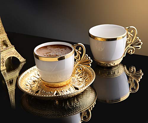 LaModaHome Espresso Coffee Cups with Saucers Set of 6, Porcelain Turkish Arabic Greek Coffee Cup and Saucer, Coffee Cup for Women, Men, Adults, Guests, New Home Wedding Gifts - Gold/White