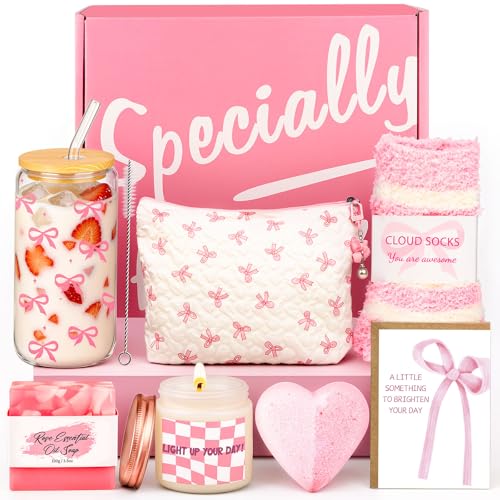 Birthday Gifts for Women Rose Self Care Gifts Set for Her Pink Spa Gift Basket with Glass Tumbler Cosmetic Bag Scented Candle Thank You Gifts for Mum Best Friend Christmas Valentines Day