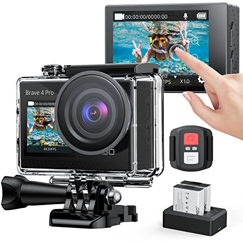 AKASO アクションカメラ 4K 20MP解像度 タッチパネル式 デュアルカラースクリーン 40M防水 水中カメラ 手ぶれ補正 外部マイク対応 WiFi搭載 HDMI出力 5倍ズーム リモコン付き 1350mAhバッテリー2個付 170度広角 ウェアラブルカメラ 豊富なアクセサリー Brave 4 Pro