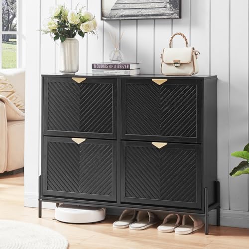 HUSHEDIFY Shoe Cabinet Storage with 4 Flip Drawers, Narrow Hidden Shoes Organizer Cabinet for Entryway, Freestanding Slim Shoe Rack Front Door Entrance(Black)