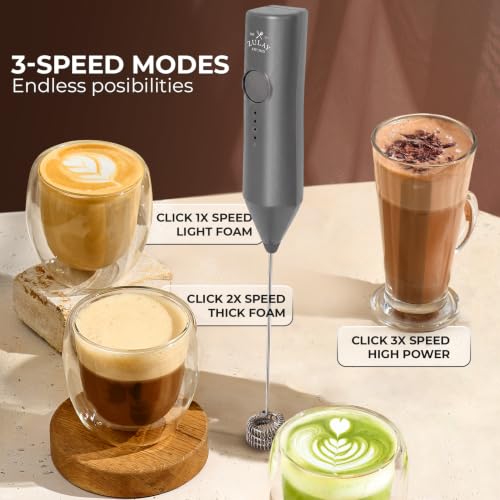Image of Zulay Kitchen Rechargeable Milk Frother Handheld - Frother Wand, Drink Mixer, Electric Whisk Frother, for Cappuccinos, Matcha & Protein Powder - Dynamic Triple Whisk, 3 Speed 500mAh Charcoal Gray
