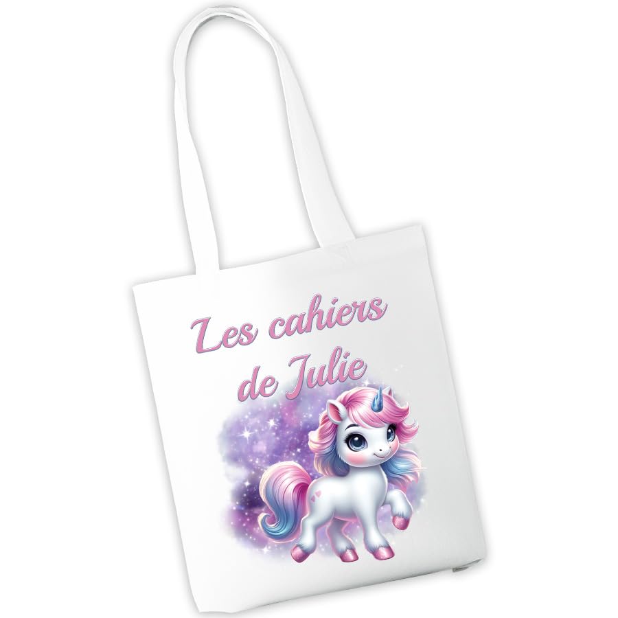 Sac à cahiers personnalisé - Sac de transport pour cahiers et livres d'école ou de bibliothèque - Prénom et motif au choix - Cadeau rentrée scolaire, maternelle, crèche, école (Licorne)