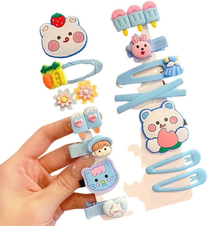 Samyak14 Pcs Kids Hair Clips Set Cartoon Icecream Cute & Trendy Baby Girls Toddlers Hair Pins Barrettes, Combo of 14 Pcs (Blue)