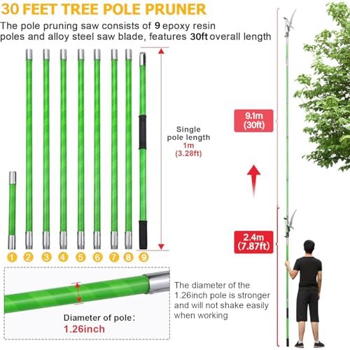 Image of 30 Feet Tree Pole Pruner Manual Branches Trimmer Tree Branch Garden Tools Loppers Hand Pole Saws Extendable Height Adustable System for Sawing and Shearing