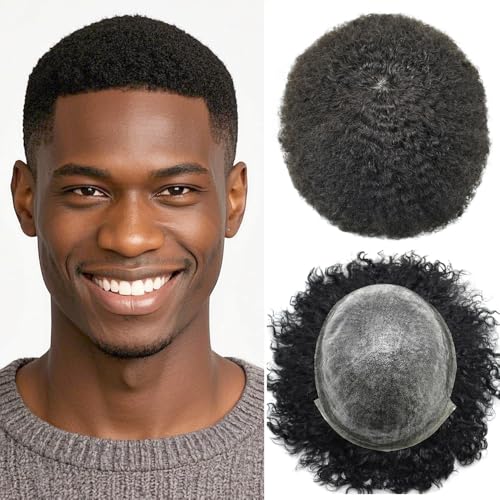 Afro Curl Toupee for Black Men Kinky Curly Hairpieces Brazilian Human Hair Replacement System Full PU Injected African American Men Hair Units Black Man Hair Prosthesis 6MM AFRO WAVE,1B# OFF BLACK