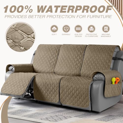 Image of TAOCOCO 100% Waterproof Recliner Covers With Leg Straps, Reversible Recliner Couch Cover For Reclining Chair, Washable Couch Protector For Pets Kids (3 Seater, Khaki)