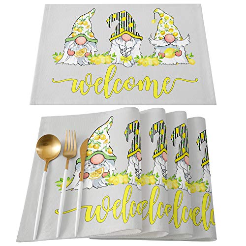 Placemats Washable Table Mats Set of 6 Cotton Linen Placemats for Kitchen Dining Table Summer Themed Farm Gnome and Fresh Lemon Grey Non-Slip Place Mats - Heat-ProofStain Proof