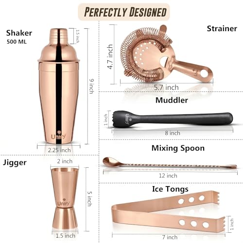 Image of Unify 6 Pieces Stainless Steel Bartender Kit | Rose Gold Cocktail Shaker Set for Home Bar & Parties | Includes Peg Measurer 30 /60ml, Bar Spoon, Ice Tong, Muddler, Strainer | Professional Bar Tool Set