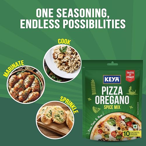 Image of Keya Pizza Oregano Multipack 40g | 10 sachets inside of (4 /4.5g) | Premium All Natural & Healthy Italian Spice Blend for Pizza, Pasta | Sprinkler | No Artificial Flavours and Colours | 40g