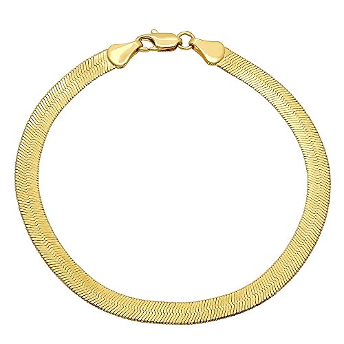 The Bling Factory 4.5mm 14k Yellow Gold Plated Flat Herringbone Chain Bracelet, 8 inches