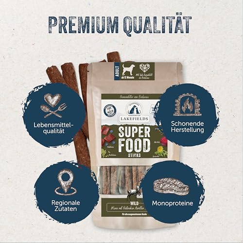Lakefields SUPERFOOD Sticks | Premium Hundeleckerli vom Hirsch | 61% Fleisch | 130g | Getreidefreie & nährstoffreiche Hunde Snacks | Pastinaken, Birne & Rote Beete | Entwickelt mit Tierärzten