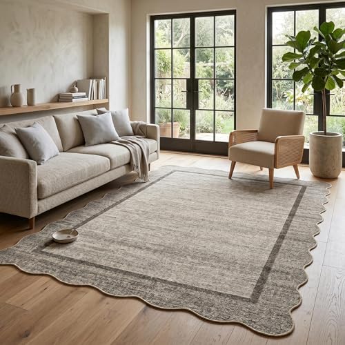 GarveeHome Scalloped Washable Rug 6x9 Rugs for Living Room Non Slip Brown