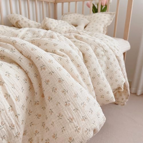 Image of BuLuTu Kids Toddler Comforter Quilted 100% Cotton Toddler Blanket Vintage Floral Print Muslin Quilt for Child Teens Girls Boys, Soft Breathable, Sprout Pattern, 47x59 Inches