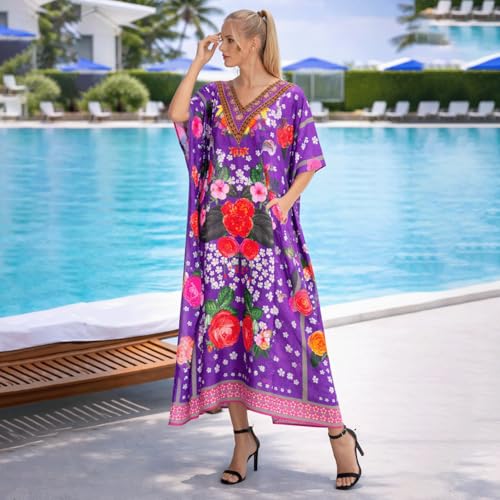 Image of Miss Lavish London Purple Floral Kaftan Dress for Women V Neck Batwing Sleeve Maxi Beach Cover Up, Ethnic Rose Print Plus Size Caftan with Side Slits & Pockets, Resort Wear Swimsuit Coverup-Purple-L