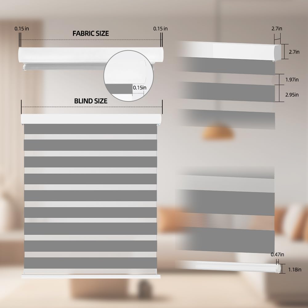 34" W x 72" H Cordless Zebra Blinds and Shades,Privacy for Day and Night,Free-Stop Roller Shades,Blinds for Windows Living Room Office Bedroom Door(Light-Grey)