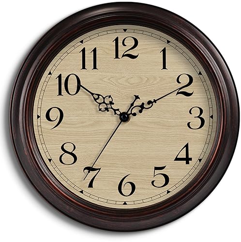 HYLANDA Wall Clock, 12 Inch Wall Clocks Battery Operated, Kitchen Bronze Clocks Silent Non Ticking, Brown Wooden Clock Decorative for Living Room, Office, Bedroom, Home (12\")