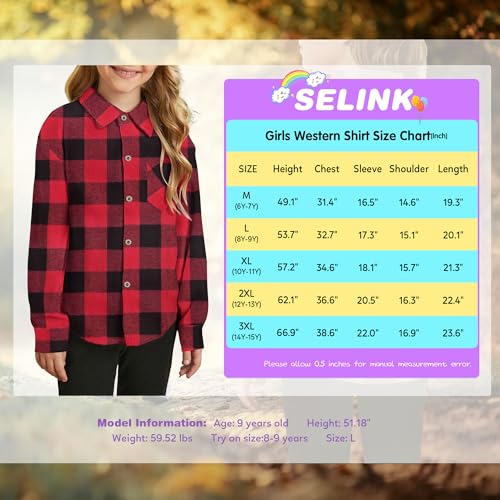 Image of SELINK Girls Long Sleeve Flannel Buffalo Plaid Button Down Shirt | Soft Flannel Fabric,Classic Buffalo Plaid Button Down Collared Blouse For Girls Casual Daily Outfits