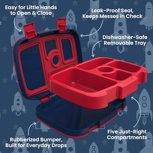 Image of Bentgo Kids Prints Leak-Proof, 5-Compartment Bento-Style Kids Lunch Box - Ideal Portion Sizes for Ages 3-7, Durable, Drop-Proof, Dishwasher Safe, & PFAS & BPA-Free Materials (Rocket)
