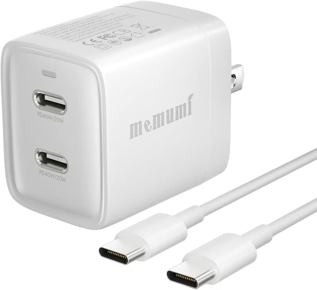 USB C 40W, memumi Fast Charger Dual Port Type C GaN Wall Charger PD 3.0 with Foldable Plug 2-Port Charger Compatible with iPhone 15 16 Pro Max (with Type C Cable)