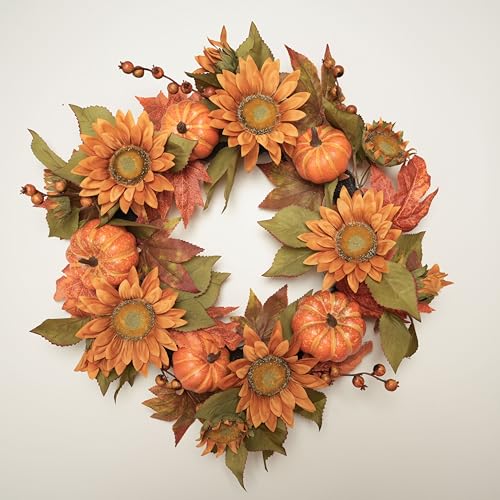 20 Inch Autumn Wreath with Sunflowers Pumpkins and Maple Leaves Seasonal Decorative Wreath for Front Door Wall or Fireplace Ideal for Fall Thanksgiving and Harvest Decor