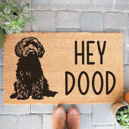 Image of GXGXZZZ Funny Coir Doormat Welcome Front Door Porch Decor for The Entrance Way Heavy-Duty Non Slip Outdoor 30 x 18inch (Hey Dood Golden Doodle Dog)