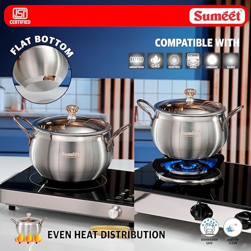 Image of Sumeet ISI Certified Stainless Steel Cook & Serve Biryani Pot /Handi /Sauce Pot with Glass Lid |Induction and Gas Compatible | Capacity - 3500ml -Dia - 19.5cm, Silver