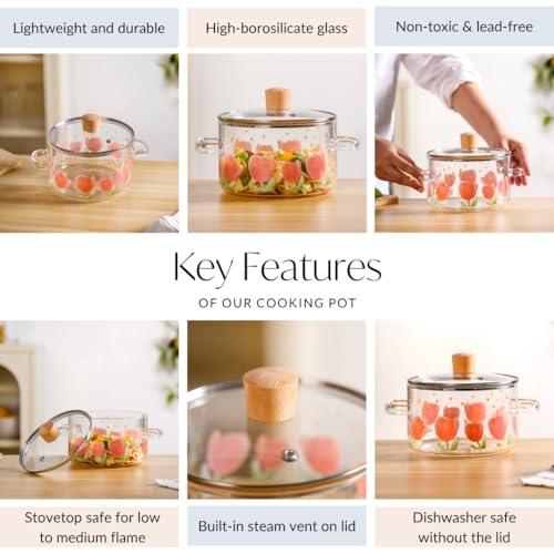 Image of Nestasia Borosilicate Glass Cooking Pot on Gas Stove (1800 ml) - Tulip Printed Casserole with Air Vent Glass Lid | Microwave & Dishwasher Safe Durable Vessel for Kitchen