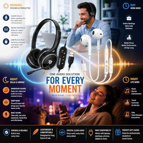 Image of Metaind USB Headset with Mic Meta MT30 for PC & Laptop and CT100 Type-C Earphone Combo for Calling, Online Classes, Meetings & Work from Home