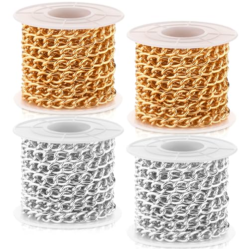 Jadive 4 Rolls 39.4 Feet Aluminium Necklace Chains 6.5 mm Twisted Links Spool Chain Jewelry Making Chains for Bracelet Necklace Jewelry Making(Silver, Gold)