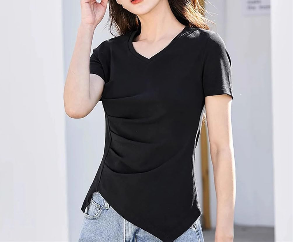 Maglietta a maniche corte da donna con scollo a V a pieghe casual