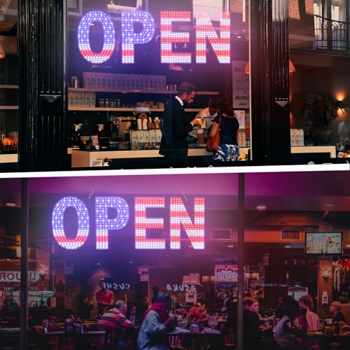 Image of LED Open Signs for Business,Thirdpolite 30x10 inch Large Dimmable Bright Light Up Big Open Sign 3-Modes Flashing Light Plug In Electric for Bar,Salon,Store,Retail Shop,Cafe,Window Storefront (US Flag)