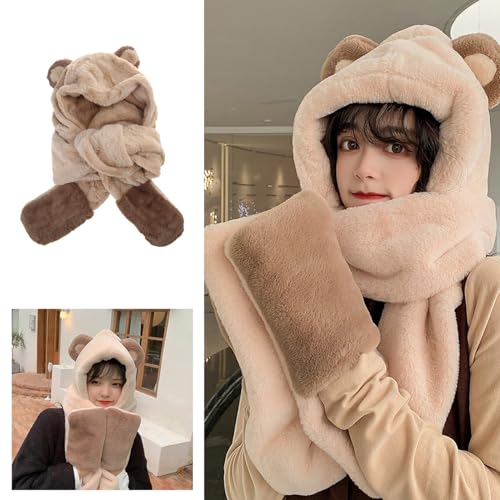 Conjunto de invierno infantil y mujer gorro bufanda guantes oso peluche dibujos animados suave 4
