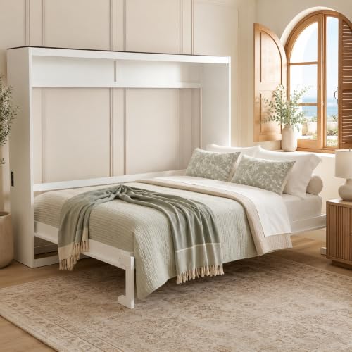 MLZTINGR Queen Murphy Bed Wall Bed, Space Saving Folding Wall Bed with USB Ports, Wooden Slats and Dual Piston Metal Folding Mechanism, Murphy Cabinet Bed for Guest Room, Home Office, Apartment,White