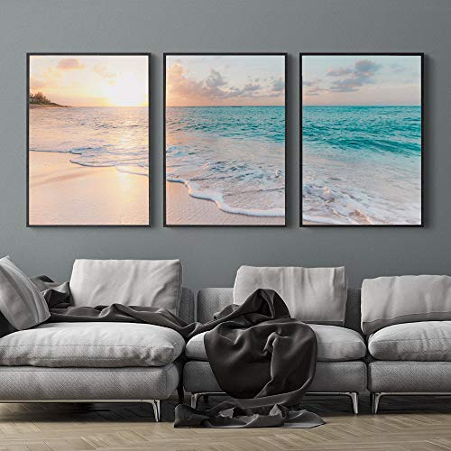 Kit de Quadros Decorativos Mar Por do Sol Para Sala Quarto Com Moldura 40x60cm