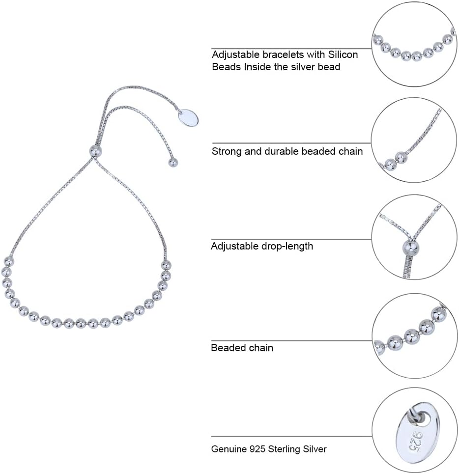 Vanbelle Sterling Silver jewelry - Rhodium Plated with 925 stamp - High Polished Beaded chain - Adjustable Bolo Bracelet - Elegant design for Women