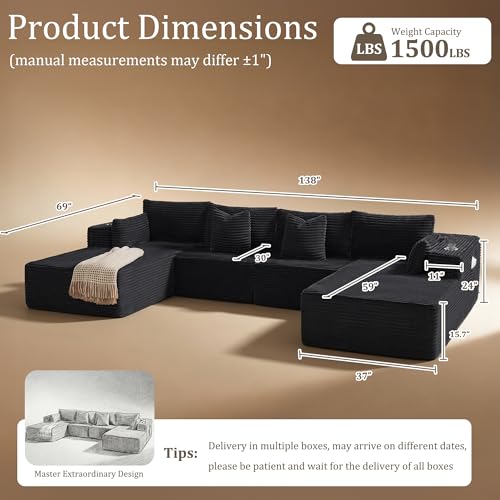 Image of 138 inch Cloud Sectional Couch, Comfort U Shaped Sofa for Living Room, Extra Deep Seats No Assembly, Minimalist Modular Couch, Corduroy (Black, 6 Seats,U-Shape C)