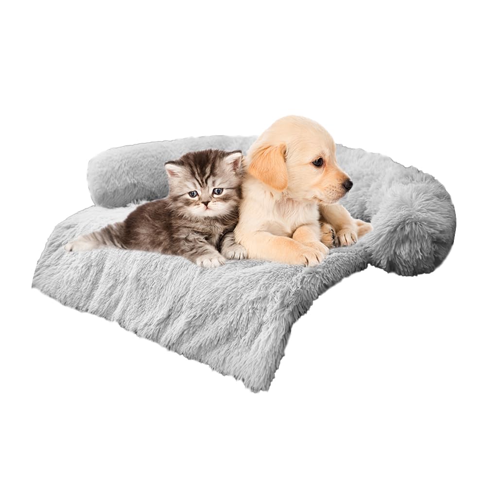 Calming Dogs/Cats Bed Mats, Dog Pad Washable Removable Couch Cover, Plush Long Fur Mat for Pets, Waterproof, Perfect for Small, Medium and Large Dogs and Cats (Light Gray, 34"x30"x 5.0")