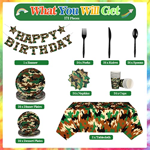Rtteri 171 Pcs Camo Birthday Party Supplies Serves 24 Camouflage Themed Party Supplies Set With Camo Tablecloth Plates Napkins Cups Tableware Camo Banner For Army Military Birthday Party Decorations #TOP1