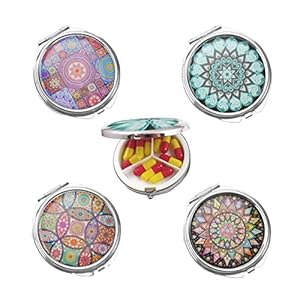 Cnrose 4 stuks pillendoosje Waterdichte pillendoos met 3 deelbare compartimenten met spiegel Decoratieve ronde metalen pillendoos Ronde kleine pillendoos Draagbare pillendoosje Mini pillendoosje Klein