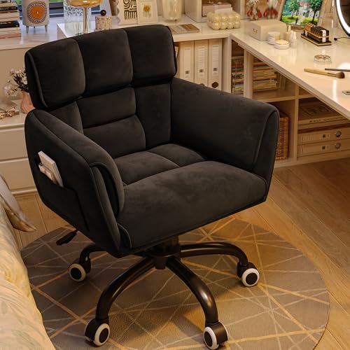 DurayLoly Home Office Chair with Wheels Soft-Touch Material,Modern Cute Vanity Chair with Back Adjustable Height Upholstered Comfy Desk Chairs with Side Pockets for Bedroom,Black