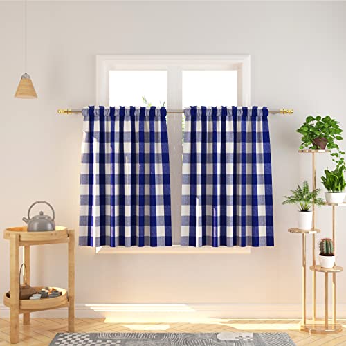 NATUS WEAVER Cafe Curtains 40 inches Long Buffalo Plaid Kitchen Tiers 2 Panels Rod Pocket Gingham Check Short Curtains Bathroom Navy Blue & White