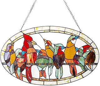 Bieye W10009 Tropical Birds Tiffany Style Stained Glass Window Panel with Chain, Oval