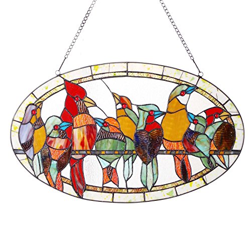 Bieye W10009 Tropical Birds Tiffany Style Stained Glass Window Panel with Chain, Oval