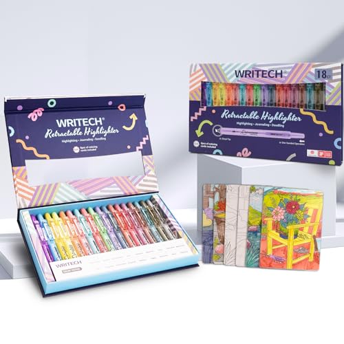 WRITECH Retractable Highlighters Assorted Colors: 18ct Aesthetic Highlighter Markers with Gift Case Multicolor Ink Chisel Tip No Smear for Highlighting Journaling Coloring Bible