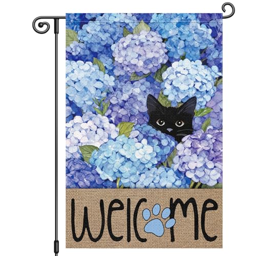 Louise Maelys Spring Summer Garden Flag Black Cat Hydrangea Flower Welcome Double Sided 12x18 Inch Floral Paw Print Seasonal Small Burlap Holiday Yard Outdoor Outside House Decor