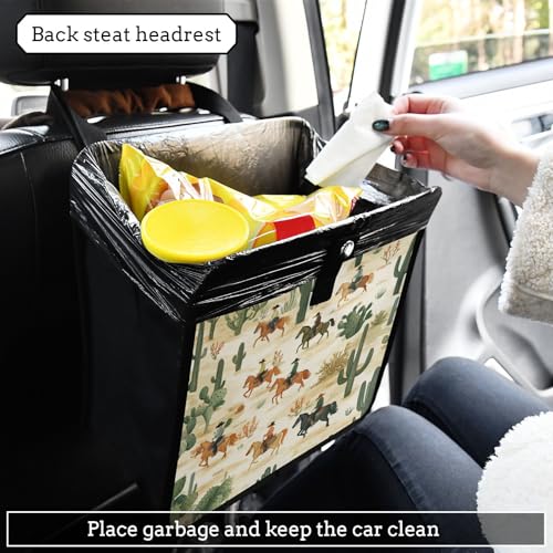 Image of Car Trash Can Organizer Bin with Adjustable Strap for Back Front Seat Console Waterproof Leakproof Collapsible Portable 11 Inch Cute Cacti Desert Cowboys Horses