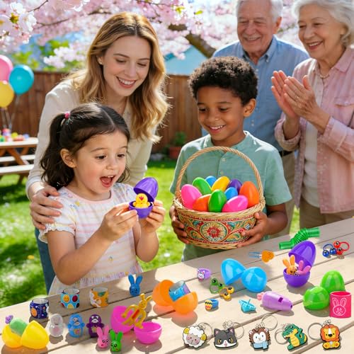 100 Pcs Prefilled Easter Eggs with Toys Inside - Easter Basket Stuffers & Egg Hunt Fillers for Kids, Pre Filled Easter Eggs Easter Party Favors Classroom Prize for Kids Toddler Boys Girls by Amy & Benton - Image 7