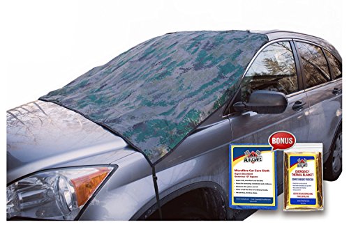 SnowOFF Camo Print Car Windshield Snow Cover Automotive Hood Covers Sun Shade Protector - Windproof Straps, Wings, Suction Cups, Magnets - Bonus Demist Cloth + Blanket - Winter Ice Rain Frost Guard
