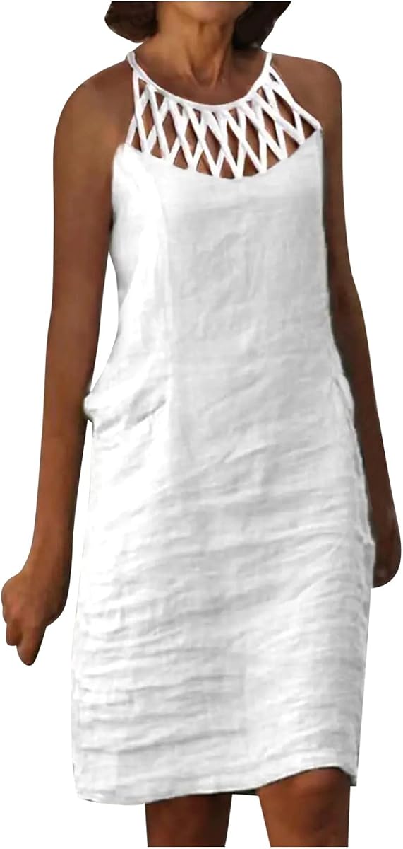 Women 2023 Summer Linen Dresses Cotton Boho Shirt Dresses Midi Length Casual Dress Trendy Ladies Beach Outfits